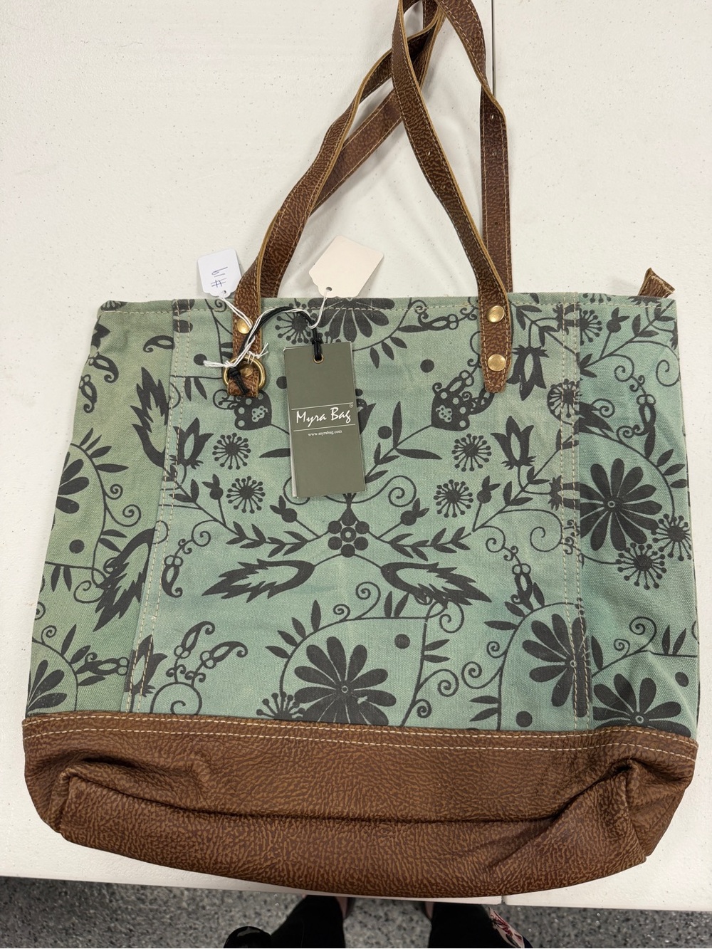 Myra Bag Mint Green Floral Canvas Tote with Brown Trim and Straps